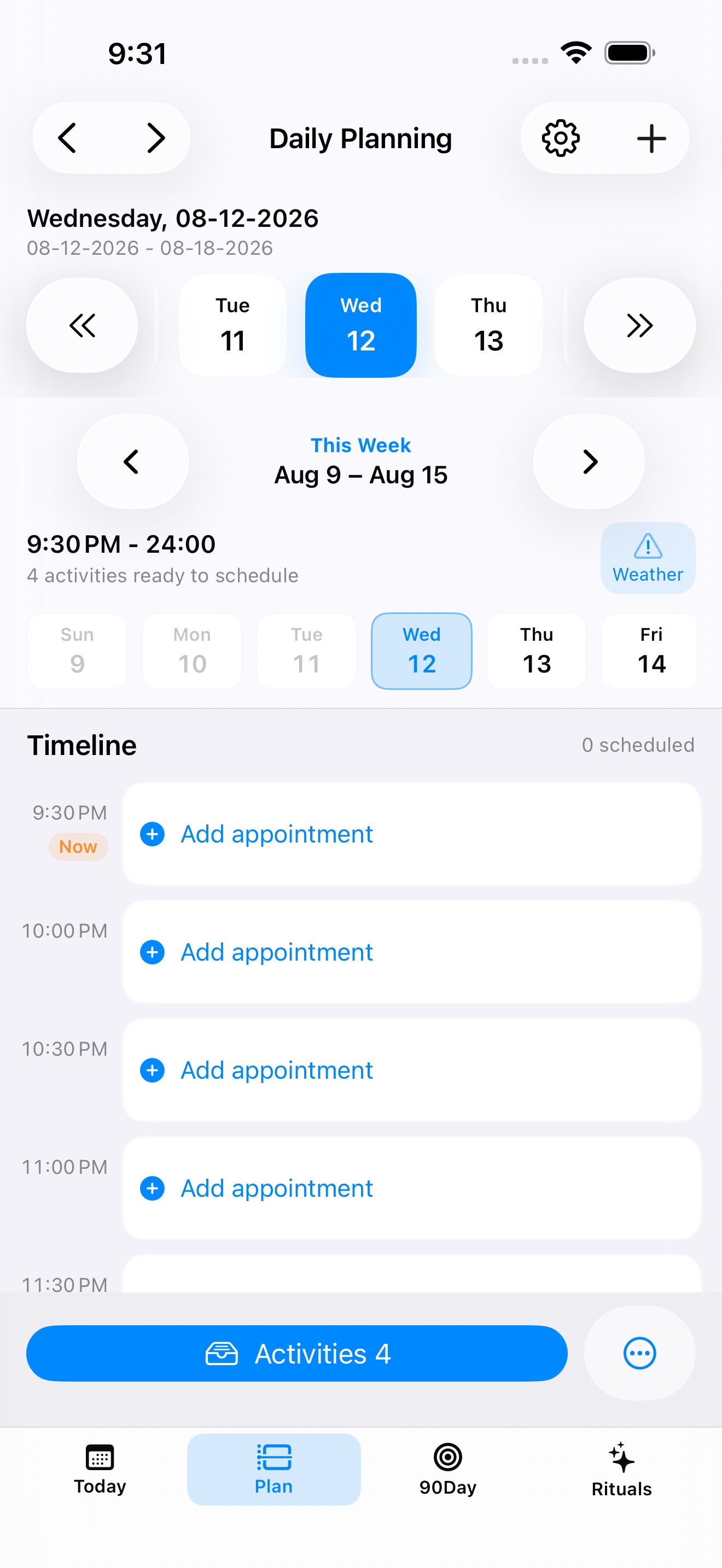 myDailyTasks Daily Planning timeline on iPhone.