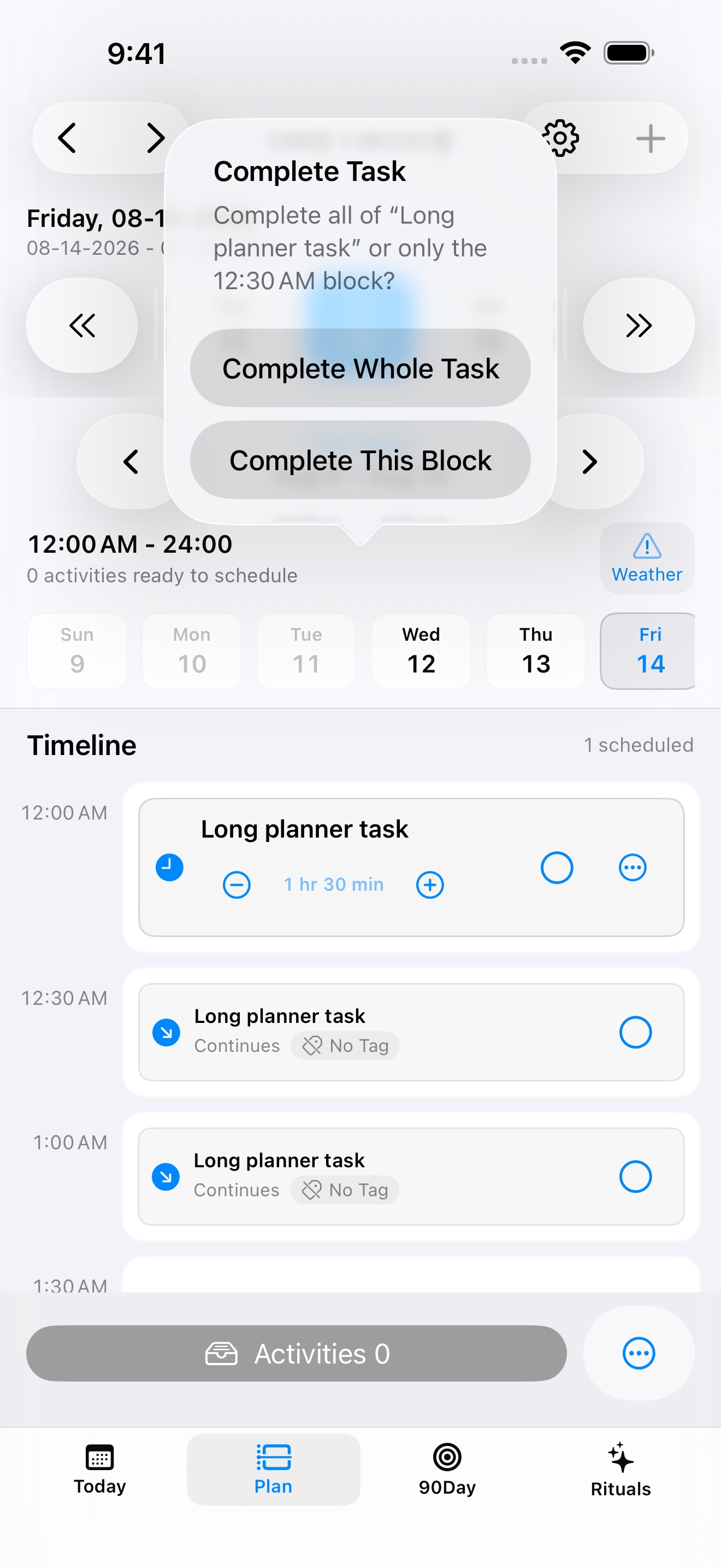 Build 6 completion menu asking whether to complete one block or the whole task.