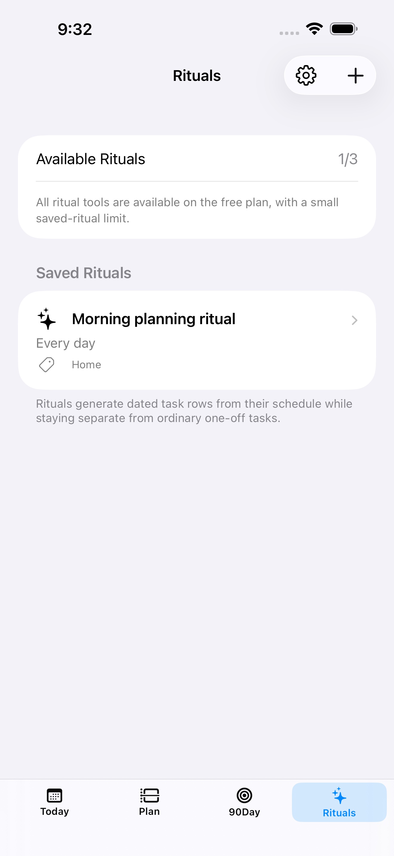 myDailyTasks Rituals on iPhone with saved recurring routines.