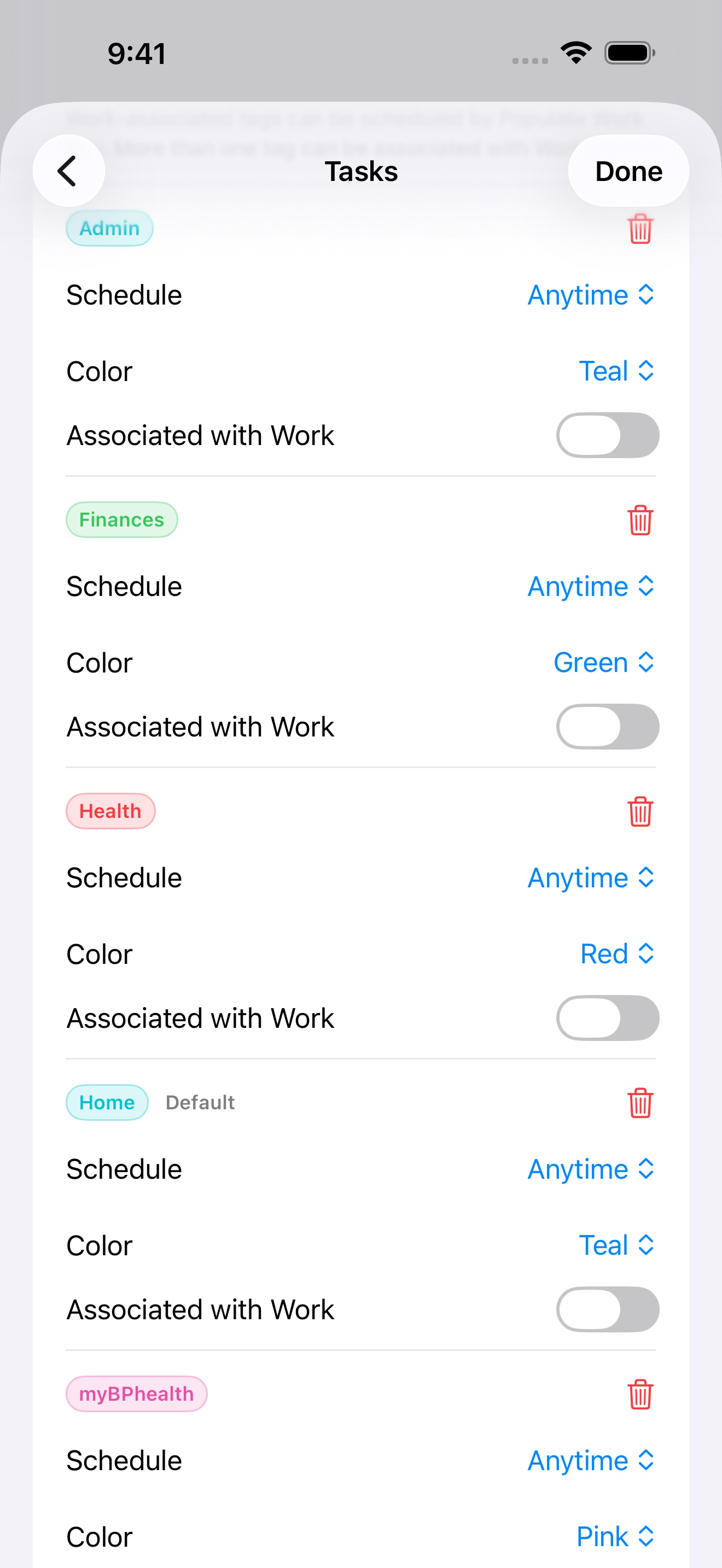 myDailyTasks tag management on iPhone with planning contexts for organising tasks.