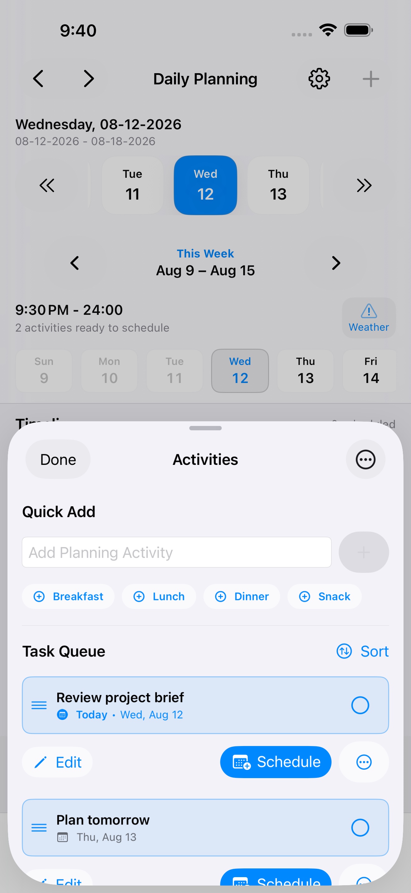 Build 6 Daily Planning Task Queue on iPhone with Today and future scheduled-date labels.