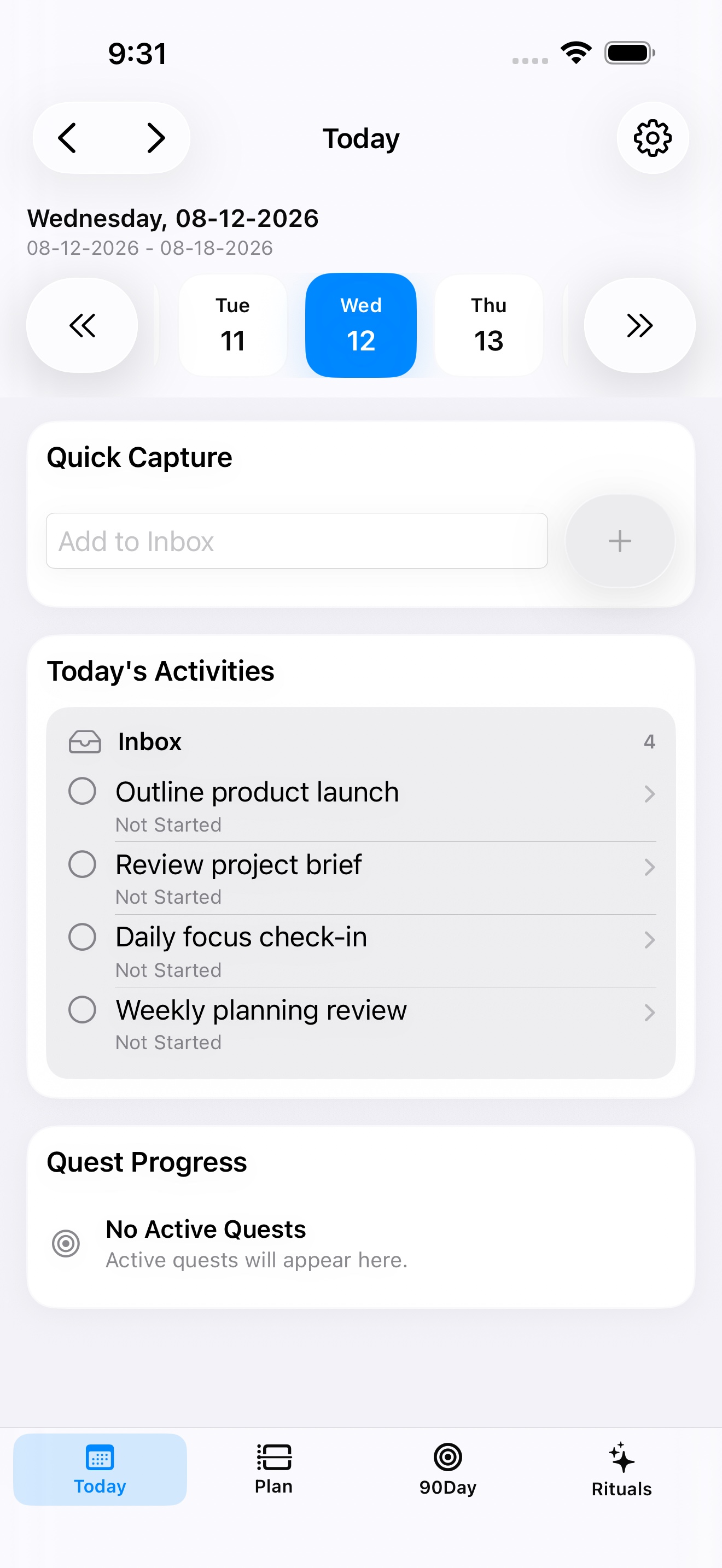 myDailyTasks Today view on iPhone with quick capture, a focused task list, and progress.