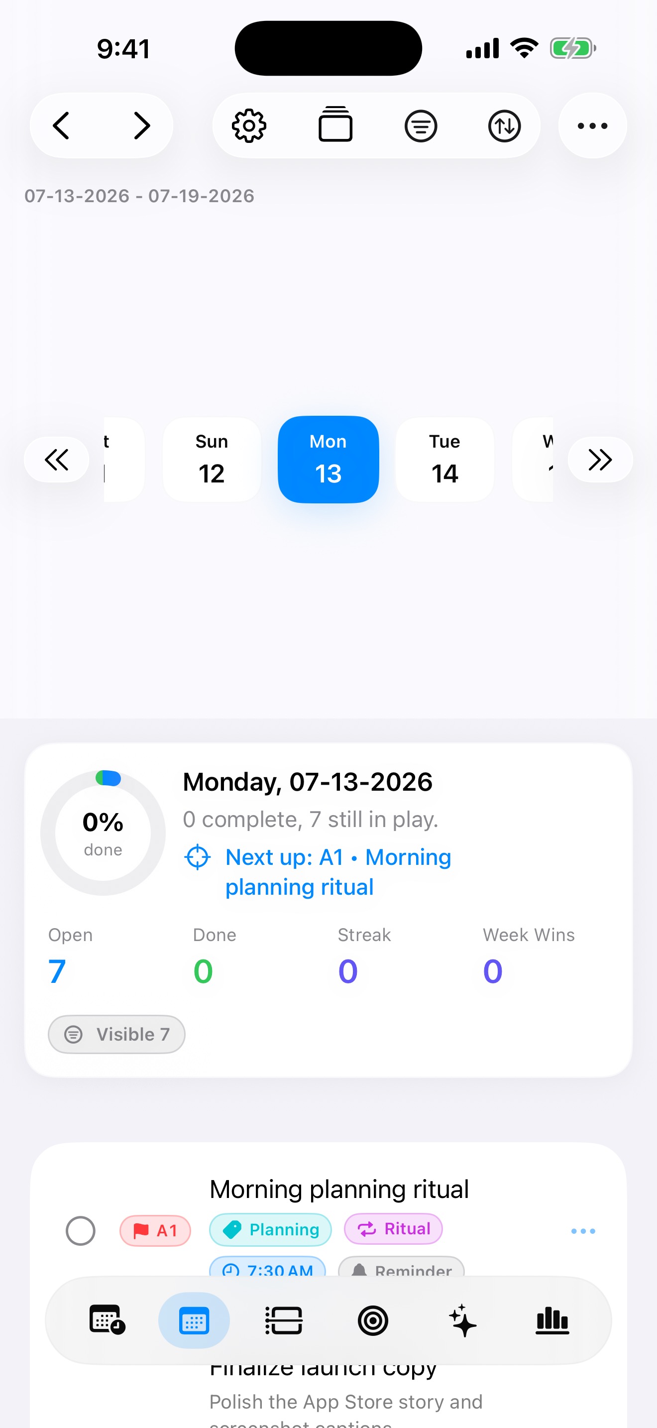 myDailyTasks day planner on iPhone showing dated work within a daily plan.