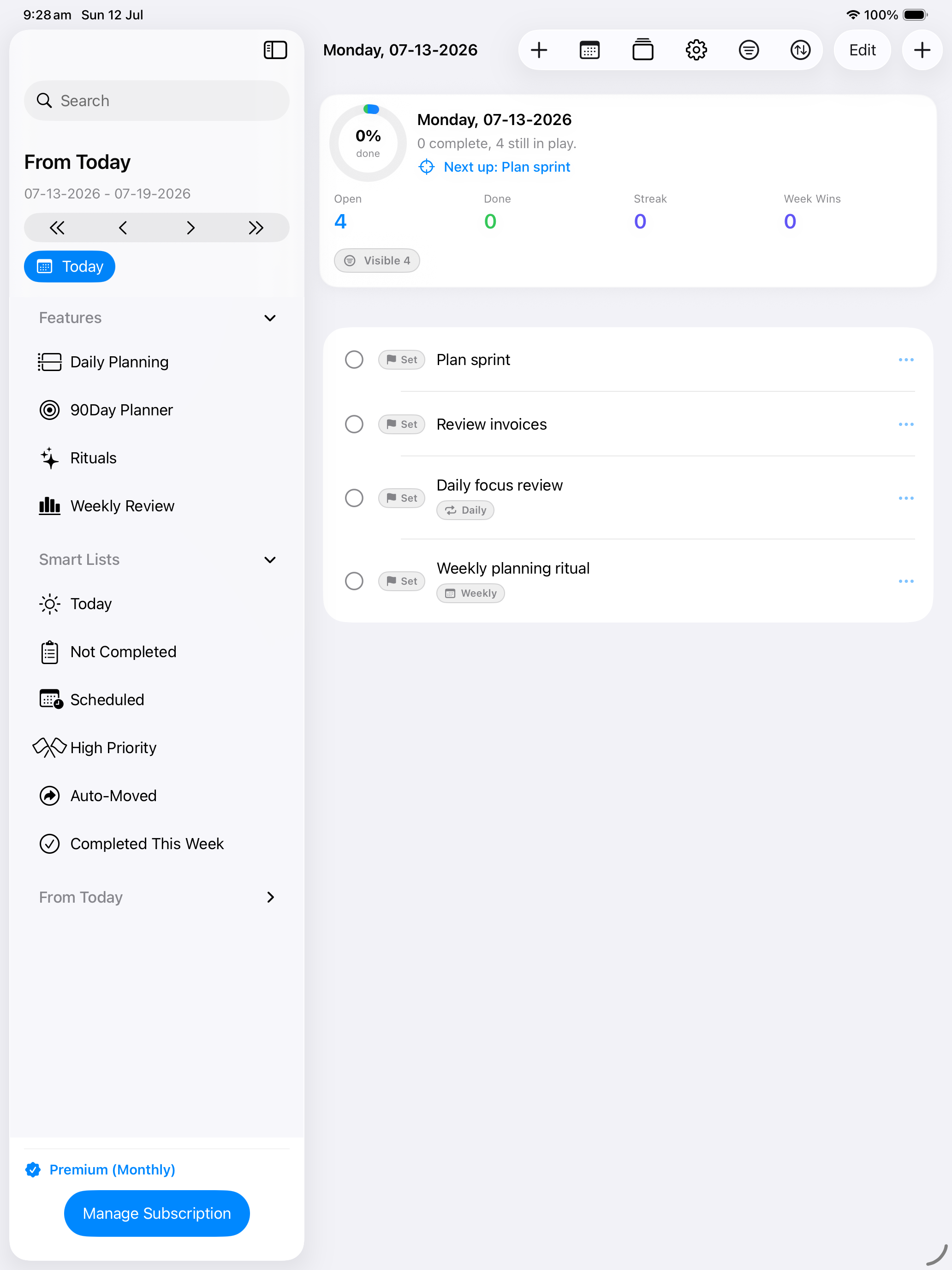 myDailyTasks Day Planner showing planning features and smart lists beside a daily task list.