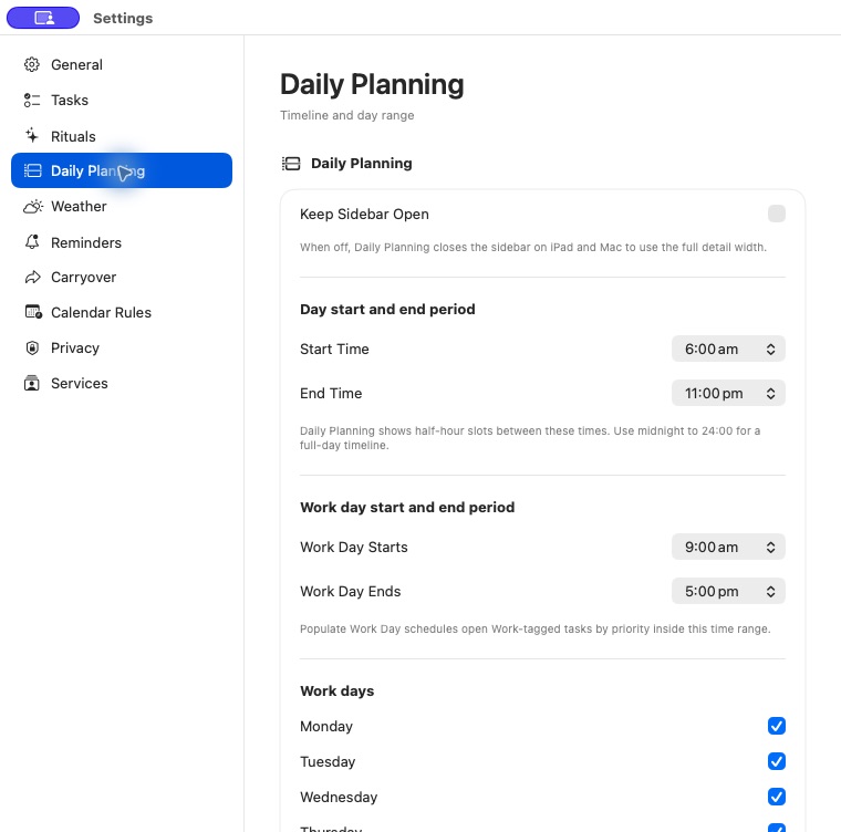 myDailyTasks Daily Planning settings on Mac with day range, work hours, and work-day controls.