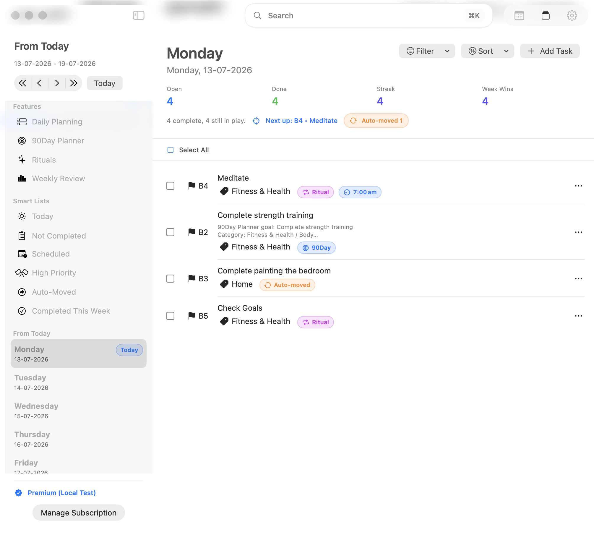 myDailyTasks Day Planner running on macOS with the week sidebar and prioritized task list.