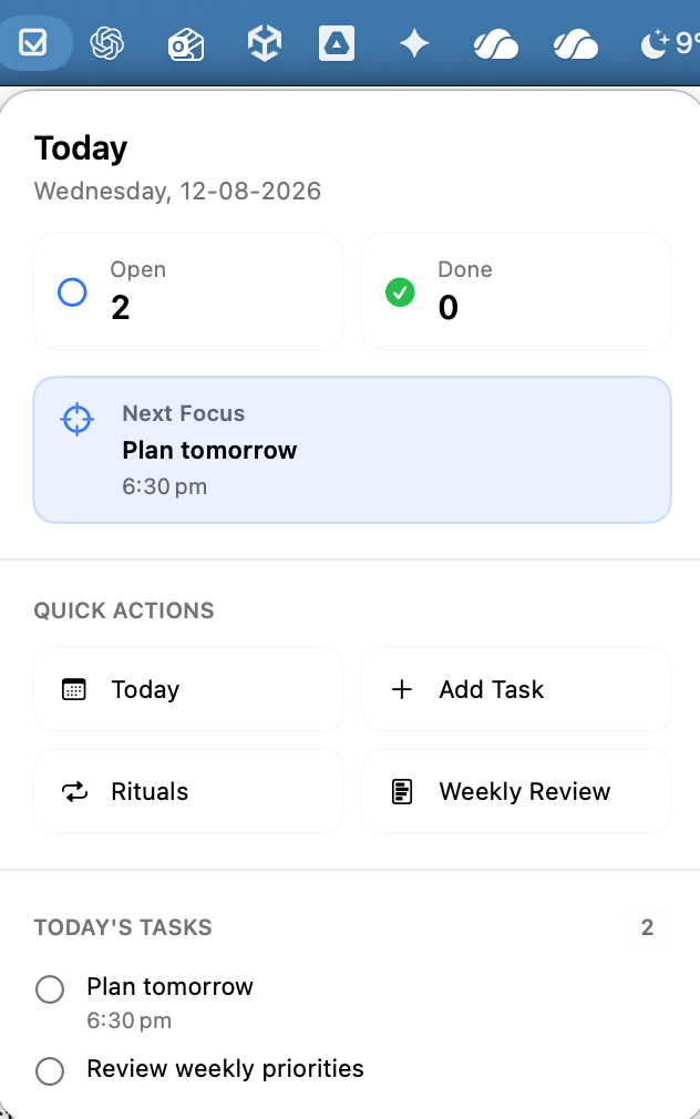 myDailyTasks compact Mac menu-bar panel showing open and completed counts, Next Focus, quick actions, and today's tasks.