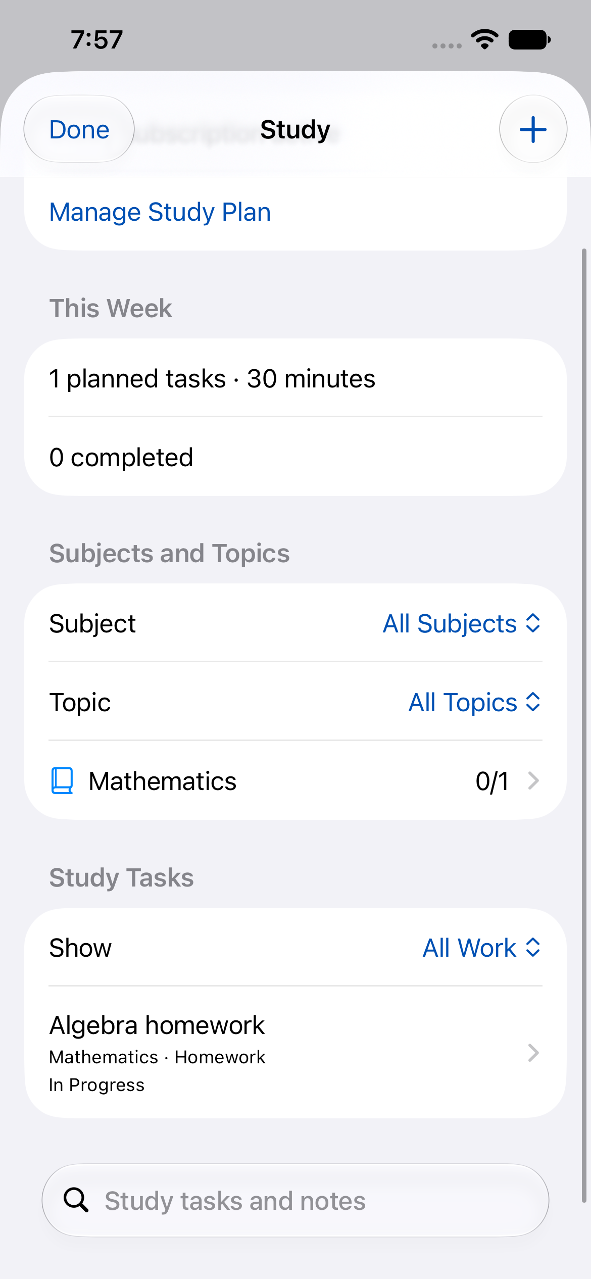 Study on iPhone showing Mathematics, an Algebra homework task in progress, and a weekly plan of 30 minutes.