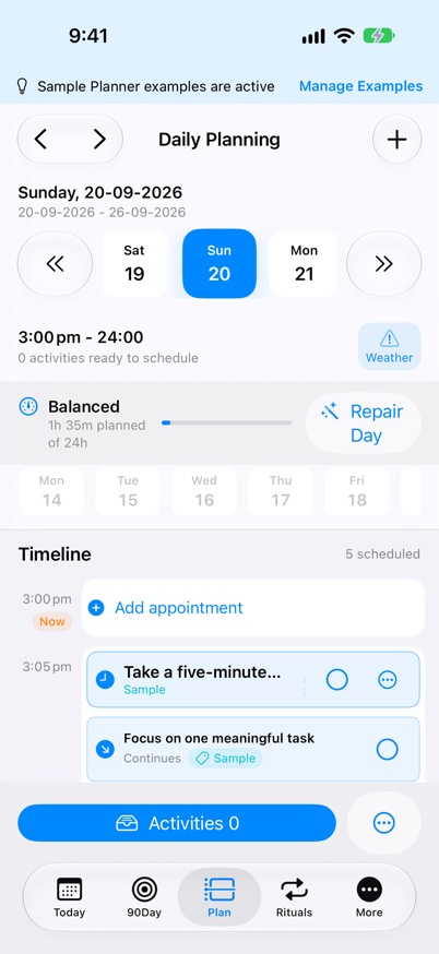 The Daily Planning timeline on iPhone with sample planning blocks.