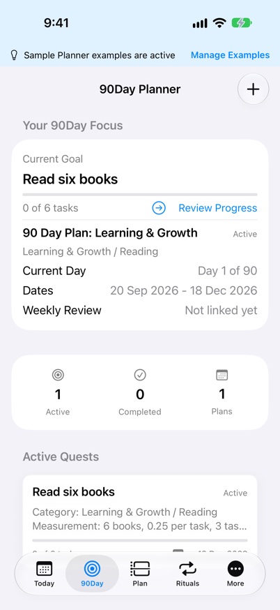 A sample reading goal in the iPhone 90Day Planner.