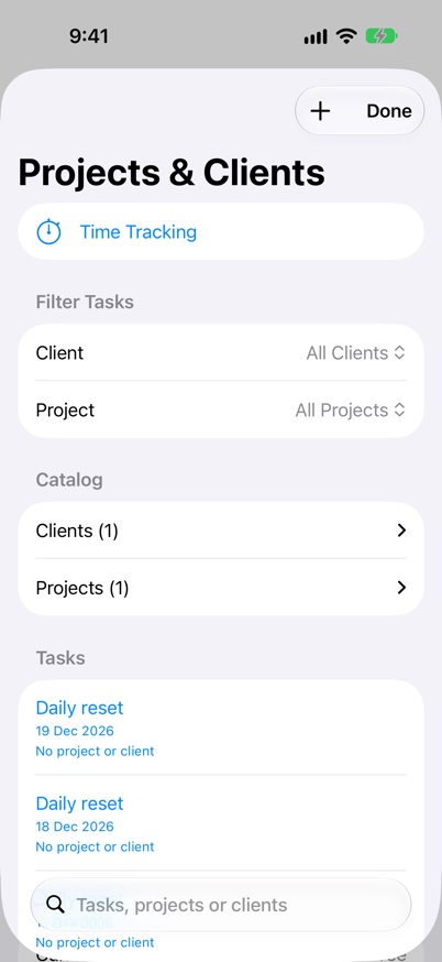 Projects and Clients on iPhone with a demonstration client.