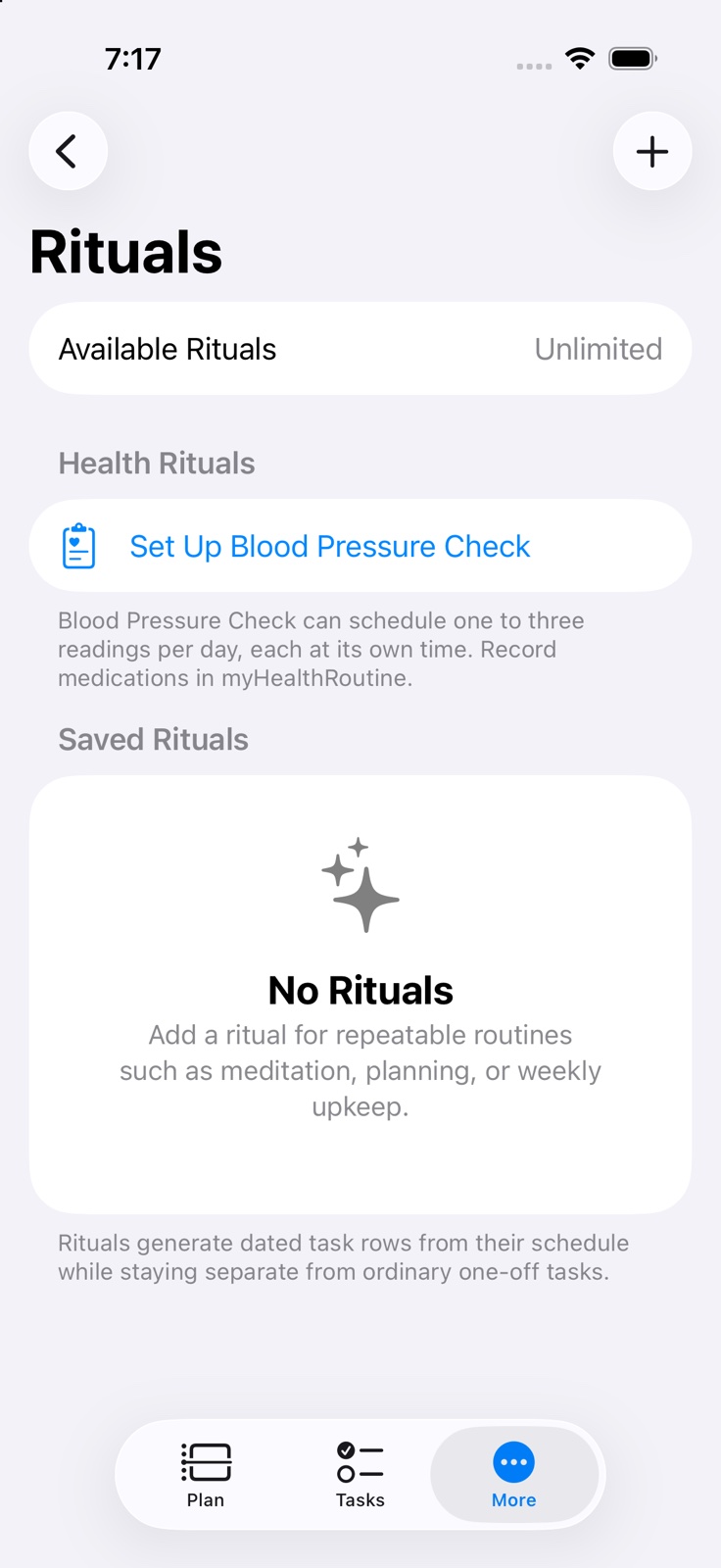Rituals on iPhone, ready to add a recurring routine.