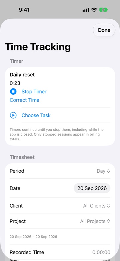 Time Tracking on iPhone recording time against a sample task.