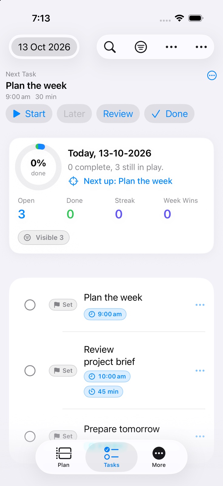 Today on iPhone showing sample tasks grouped for planning.
